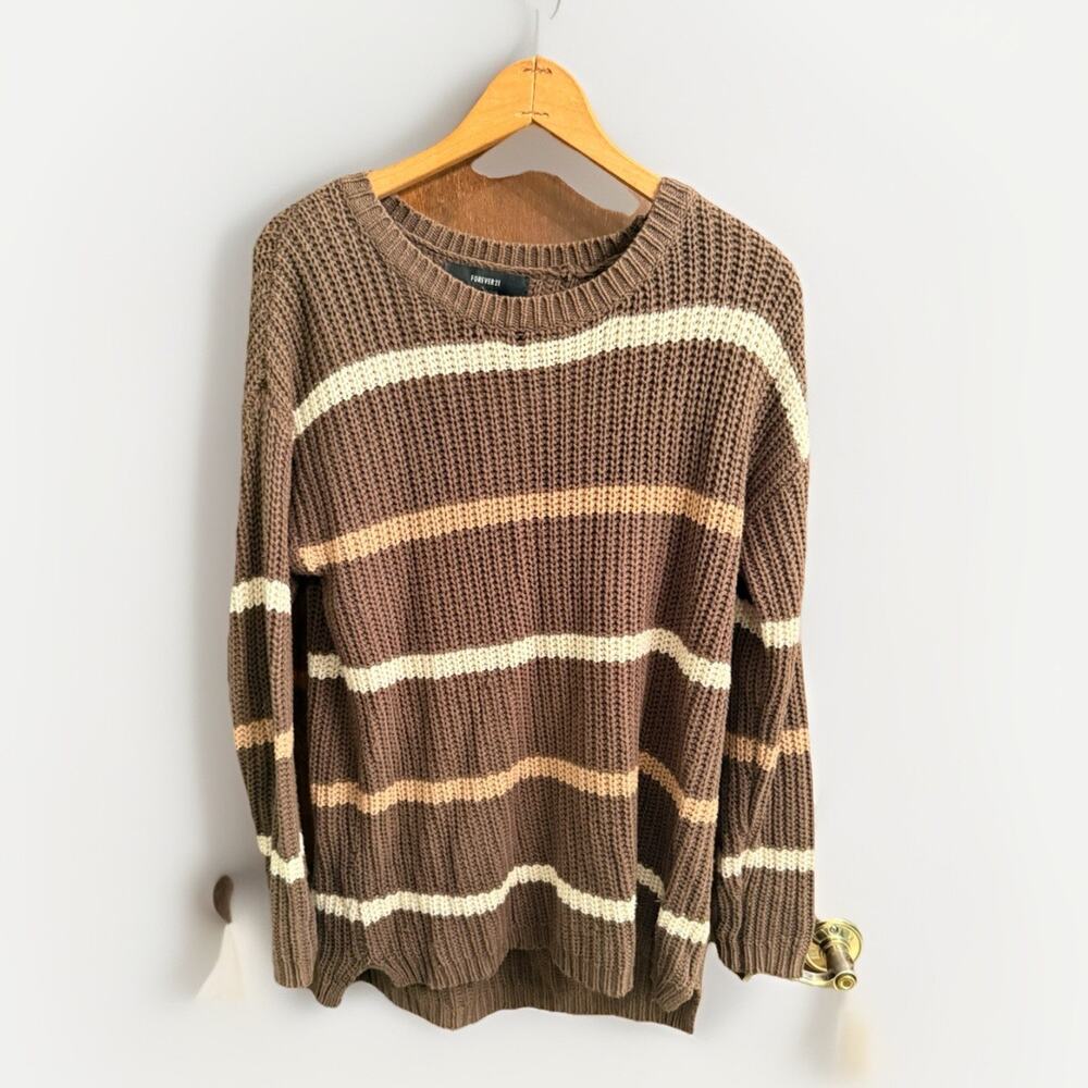 Forever 21 Women’s Brown Beige Striped Chunky Knit Sweater Pullover Size S